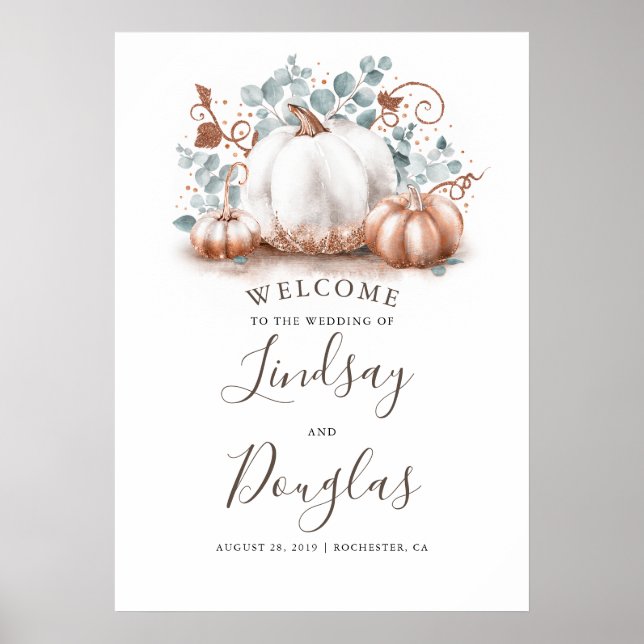 Rose Gold Pumpkins Hochzeit im Herbst Begrüßungsze Poster (Vorne)