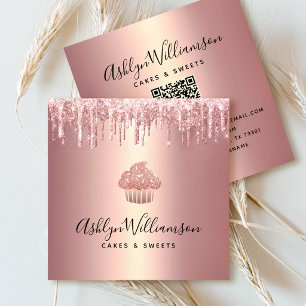 Rose Gold QR Code Cupcake Glitter Drips Bäckerei Quadratische Visitenkarte
