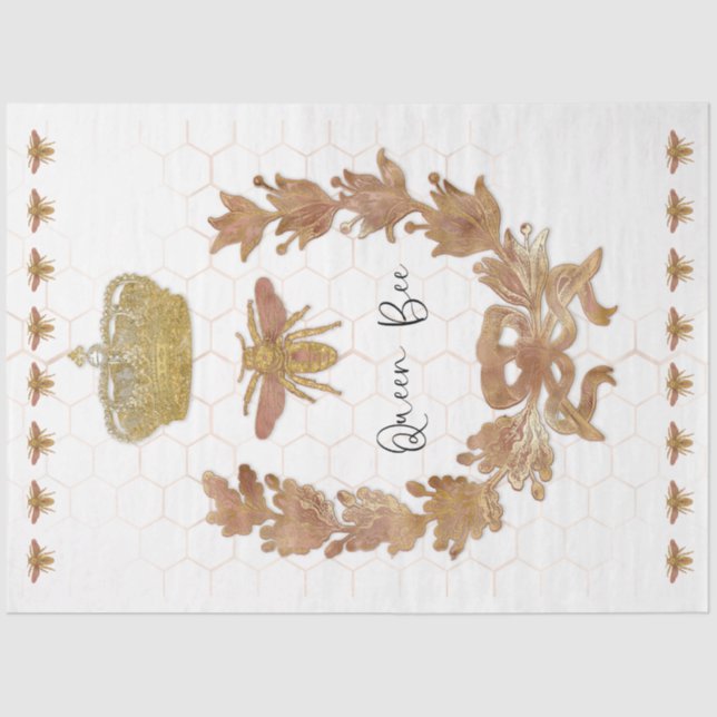 Rose Gold Queen Bee Crown Royal Glitzer Decoupage Seidenpapier (Vorderseite)