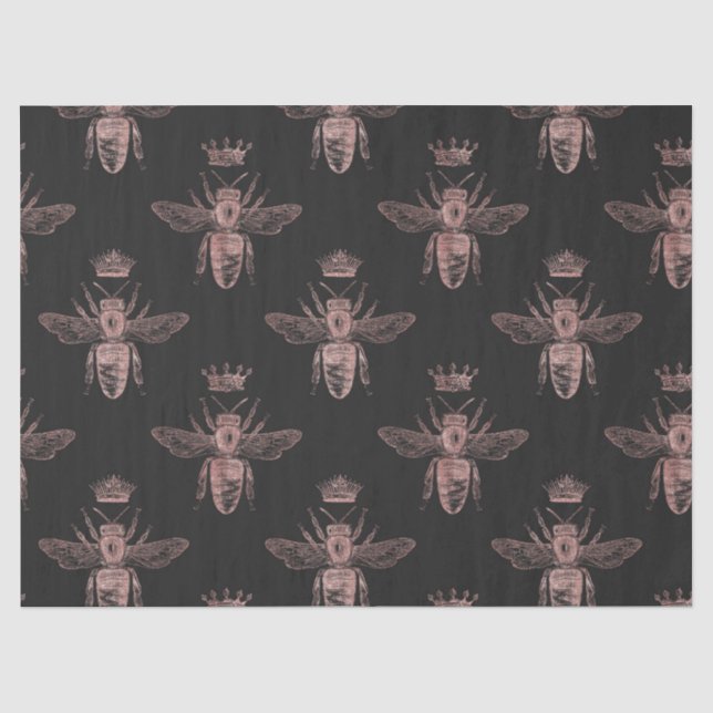 Rose Gold Queen Bienen auf Black Decoupage Seidenpapier (Vorderseite)