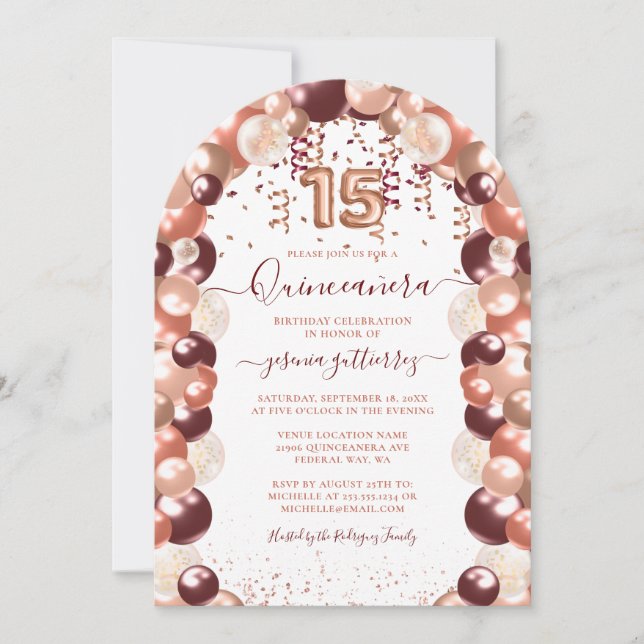 Rose Gold Quinceañera Glitzer Ballon Foto Einladung (Vorderseite)