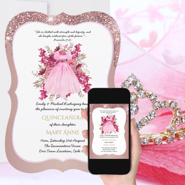 Rose Gold Quinceñera Rosa Blumengestein Einladung (Von Creator hochgeladen)