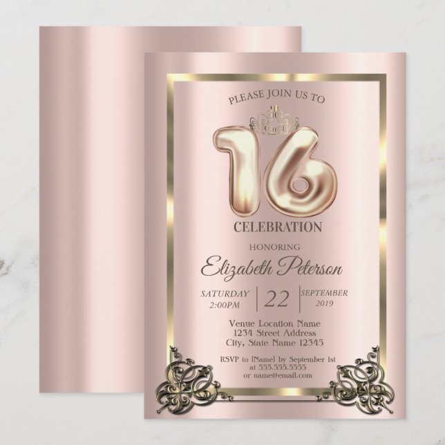 Rose Gold Rahmen, Border, Crown Sweet 16 Party Inv Einladung (Vorne/Hinten)