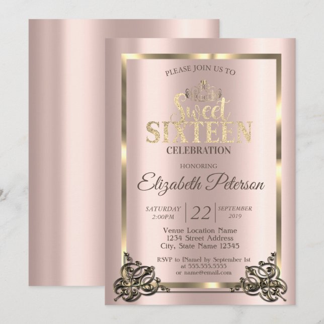 Rose Gold Rahmen, Border, Tiara Sweet 16 Party Inv Einladung (Vorne/Hinten)