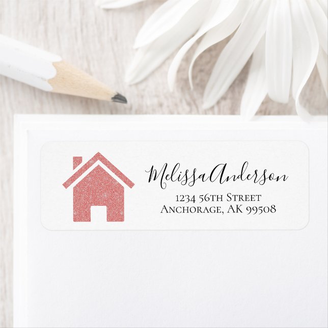 Rose Gold Real Anwesen-Adresse (Pink Sparkle House Real Estate Address Label)