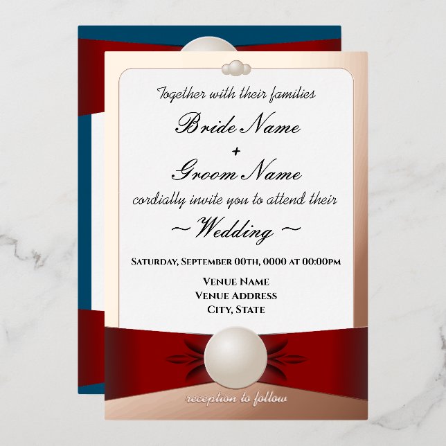 Rose Gold_Red_Blue_Pearl Ribbon_Zeremonie/Empfang Folieneinladung (Vorderseite/Rückseite)