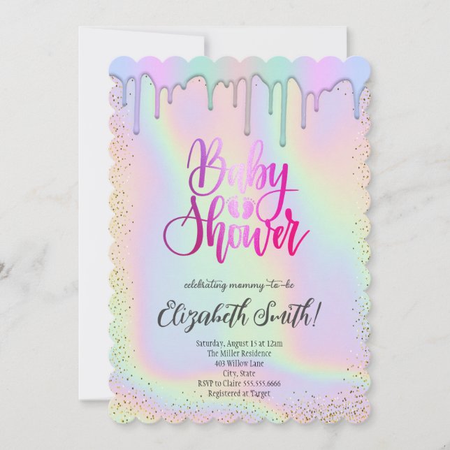 Rose Gold, Regenbogenfarbene Sterne Babydusche Einladung (Vorderseite)