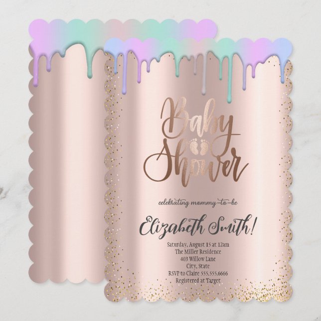 Rose Gold, Regenbogenfarbene Sterne Babydusche Einladung (Vorne/Hinten)