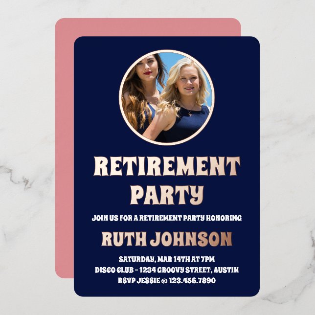 Rose Gold Retirement Party Foto Folieneinladung (Vorderseite/Rückseite)