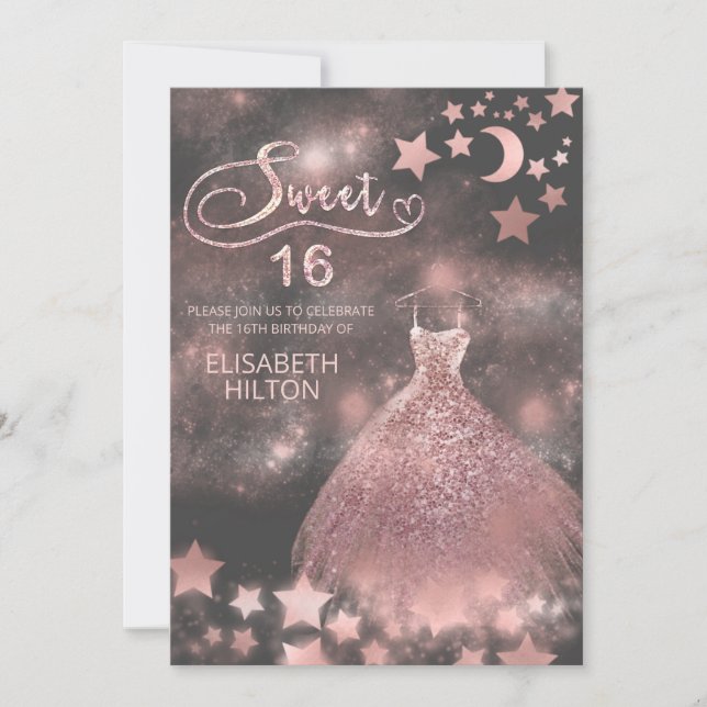Rose Gold Romantischer Mond und Sterne Einladung (Vorderseite)