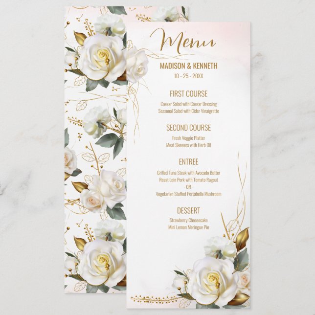 Rose Gold Romantisches Blumenmenü Menükarte (Vorne/Hinten)
