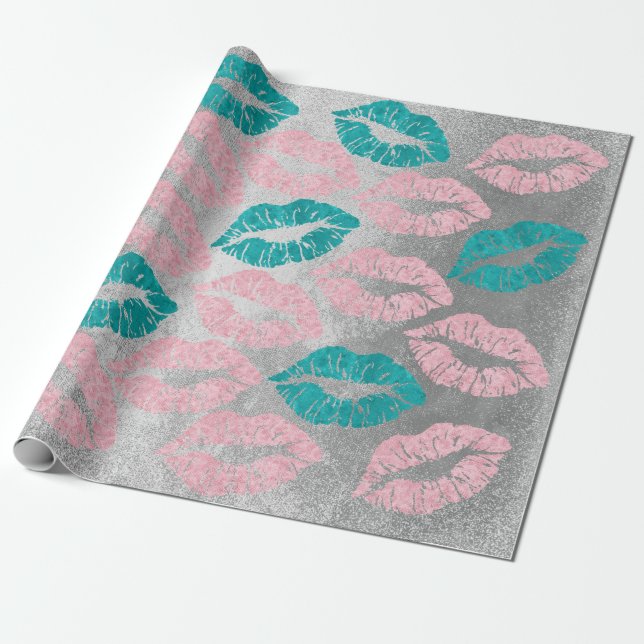 Rose Gold Rosa Aquamarine Silberlippen Glitzer gru Geschenkpapier (Ungerollt)