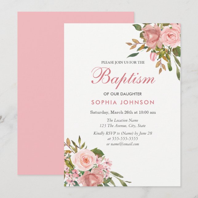 Rose Gold & Rosa Blume Taufe Girls Einladung (Vorne/Hinten)