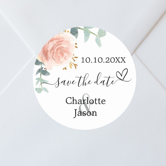 Rose gold Rosa Blumenstrauß Hochzeit speichern Sie Runder Aufkleber (Von Creator hochgeladen)