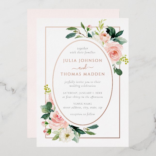 Rose Gold Rosa Blütenrahmen Hochzeit Folieneinladung (Vorderseite/Rückseite)