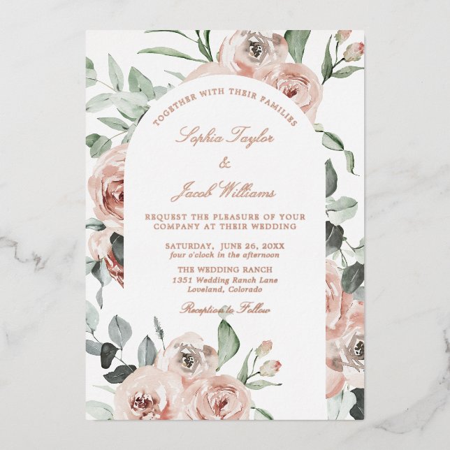 Rose Gold Rosa Eukalyptus-Hochzeit Folieneinladung (Vorderseite)