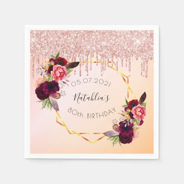 Rose Gold rosa geometrischer Glitzer des 80. Gebur Serviette (Vorderseite)