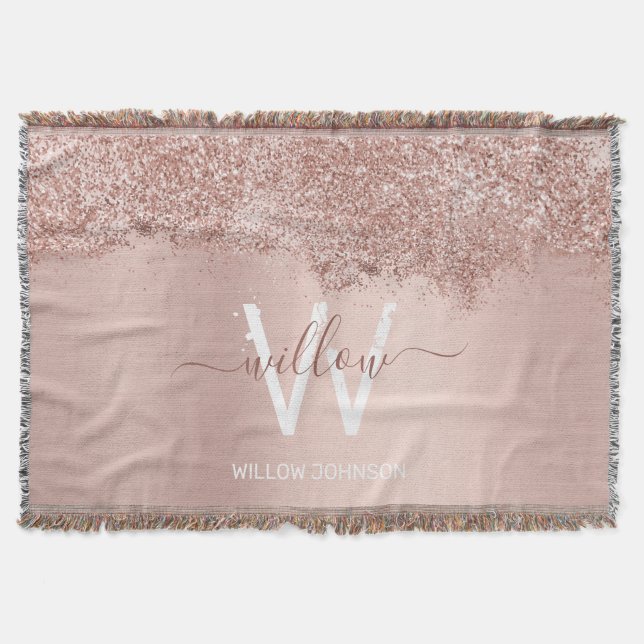 Rose Gold Rosa Girl-Glitzer-Staubmonogramm Decke (Vorderseite)