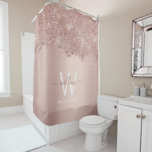Rose Gold Rosa Girl-Glitzer-Staubmonogramm Duschvorhang (Beispiel)