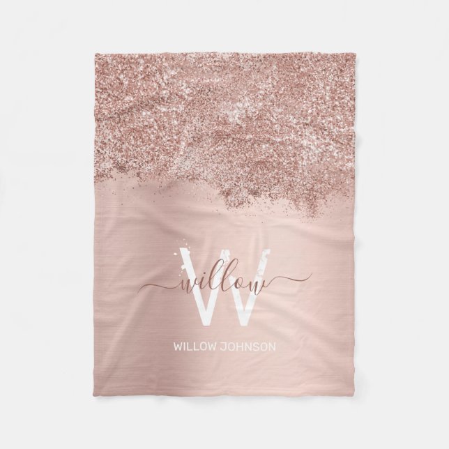 Rose Gold Rosa Girl-Glitzer-Staubmonogramm Fleecedecke (Vorderseite)