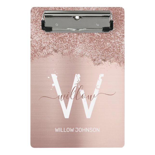 Rose Gold Rosa Girl-Glitzer-Staubmonogramm Mini Klemmbrett (Vorderseite)