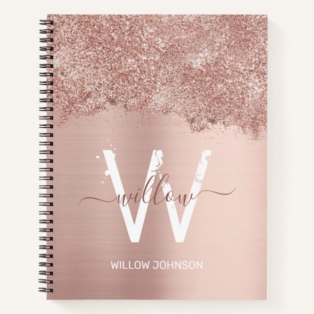 Rose Gold Rosa Girl-Glitzer-Staubmonogramm Notizbuch (Vorderseite)