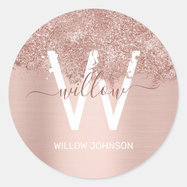 Rose Gold Rosa Girl-Glitzer-Staubmonogramm Runder Aufkleber (Vorderseite)