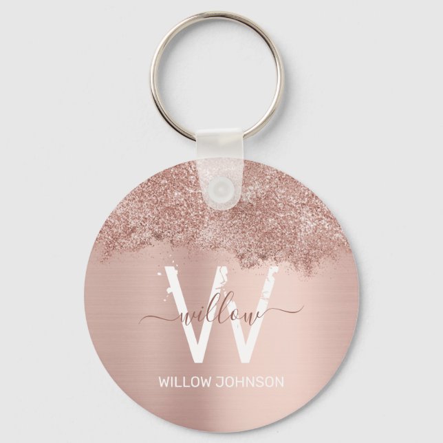 Rose Gold Rosa Girl-Glitzer-Staubmonogramm Schlüsselanhänger (Vorderseite)