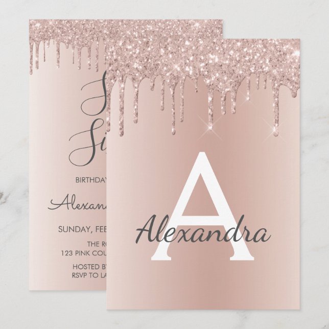Rose Gold - Rosa Glitzer 16 . Geburtstag Geburtsta Einladung (Vorne/Hinten)