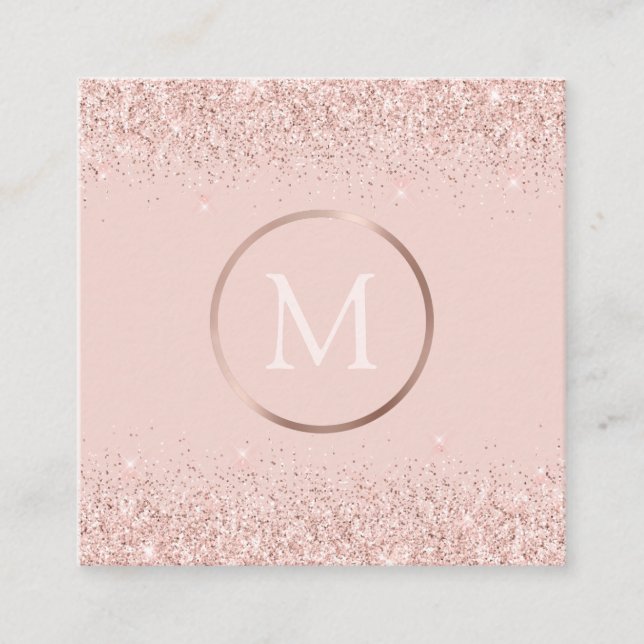 Rose Gold Rosa Glitzer Monogram Quadratische Visitenkarte (Vorderseite)