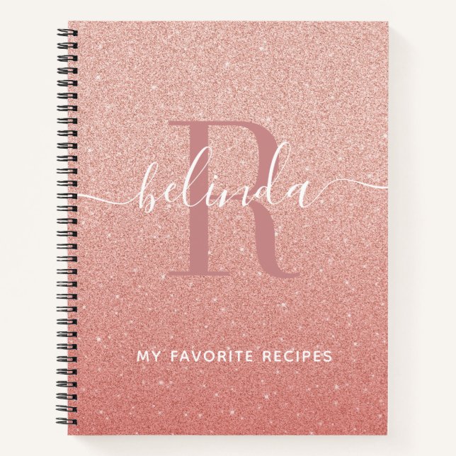 Rose Gold Rosa Glitzer Monogramm Rezept Kochbuch Notizbuch (Vorderseite)