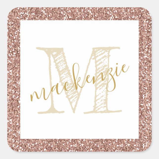 Rose Gold Rosa Glitzer Name Etikett Quadratischer Aufkleber (Vorderseite)