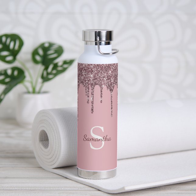 Rose Gold Rosa Glitzer Sparkeln Tropfen Monogramm  Trinkflasche (Yoga)