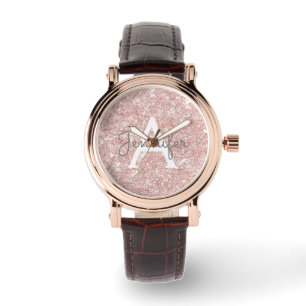Rose Gold Rosa Glitzer und Sparkronen Monogramm Armbanduhr