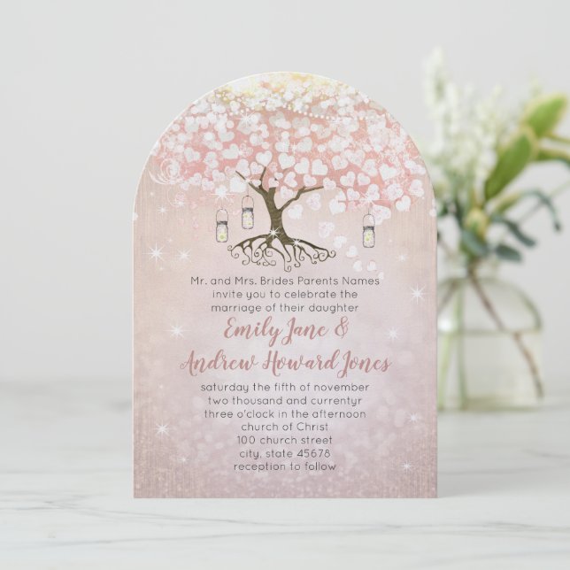 Rose Gold Rosa Herzklopfen Einladung Hochzeit (Stehend Vorderseite)