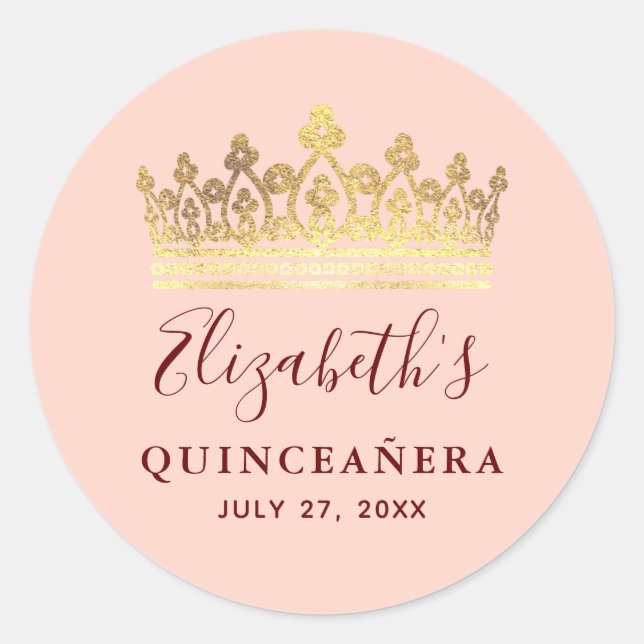 Rose Gold Rosa Krone Elegante Name Quinceanera Runder Aufkleber (Vorderseite)