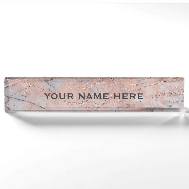 Rose Gold Rosa Marmor Glitzer Glam Personalisiert Namensplakette (Vorderseite)