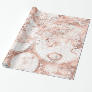 Rose Gold Rosa Metall Glitter Antik Weltkarte Geschenkpapier