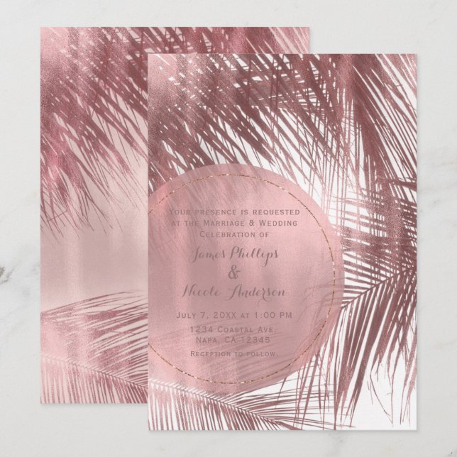 Rose Gold Rosa Palmen Tropische Hochzeit in Rosa Einladung (Vorne/Hinten)