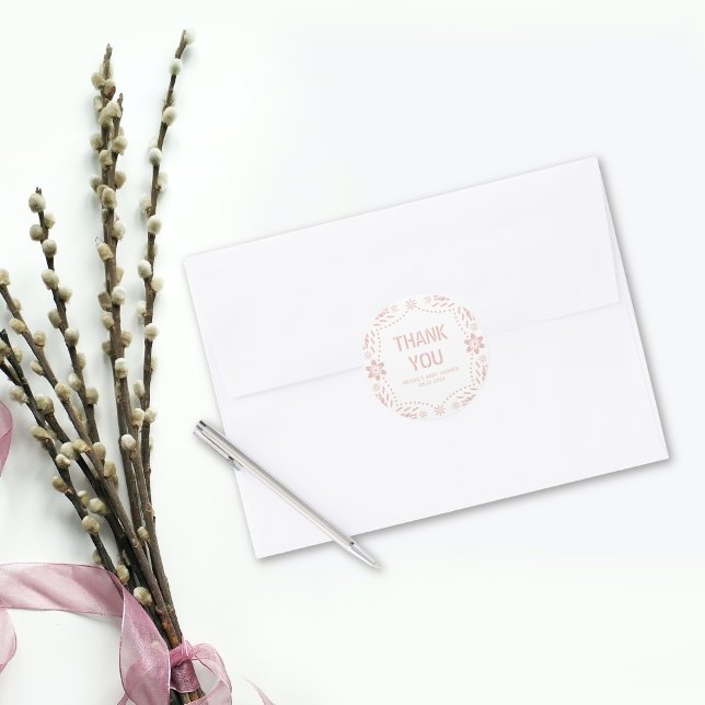 Rose gold Rosa Papel picado Danke Baby Dusche Runder Aufkleber (Von Creator hochgeladen)