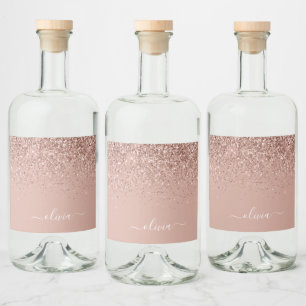 Rose Gold Rosa Rosa Glitzer Chic Monogram Name Alkoholflaschenetikett