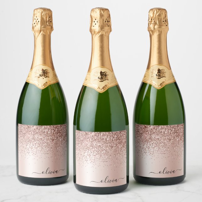 Rose Gold - Rosa Rosa Glitzer Metal Monogramm Name (Flaschen)