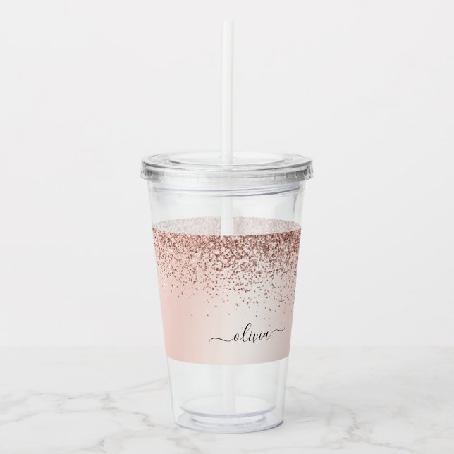 Rose Gold - Rosa Rosa Glitzer Metal Monogramm Name Acryltrinkbecher (Vorderseite)