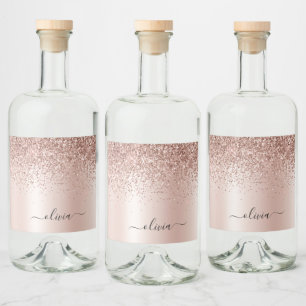 Rose Gold - Rosa Rosa Glitzer Metal Monogramm Name Alkoholflaschenetikett