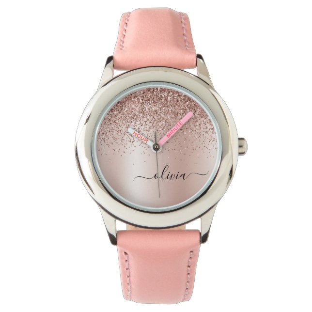 Rose Gold - Rosa Rosa Glitzer Metal Monogramm Name Armbanduhr (Vorderseite)
