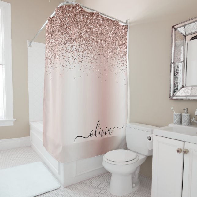 Rose Gold - Rosa Rosa Glitzer Metal Monogramm Name Duschvorhang (Beispiel)