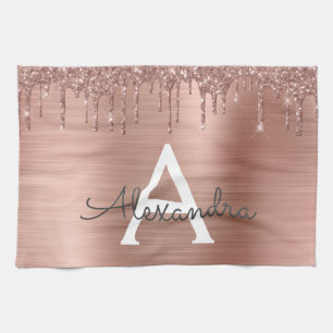 Rose Gold - Rosa Rosa Glitzer Metal Monogramm Name Geschirrtuch