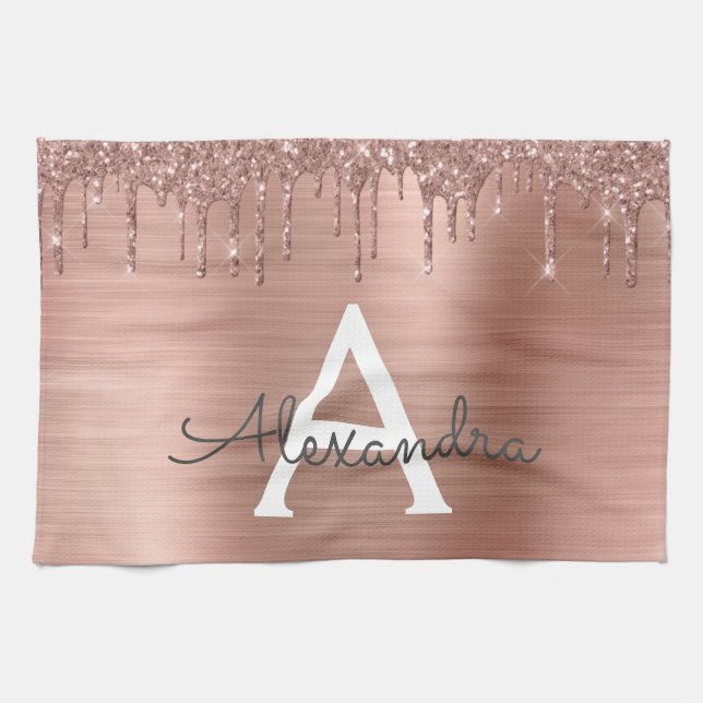 Rose Gold - Rosa Rosa Glitzer Metal Monogramm Name Geschirrtuch (Horizontal)
