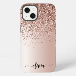 Rose Gold - Rosa Rosa Glitzer Metal Monogramm Name iPhone Hülle
