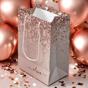 Rose Gold - Rosa Rosa Glitzer Metal Monogramm Name Mittlere Geschenktüte